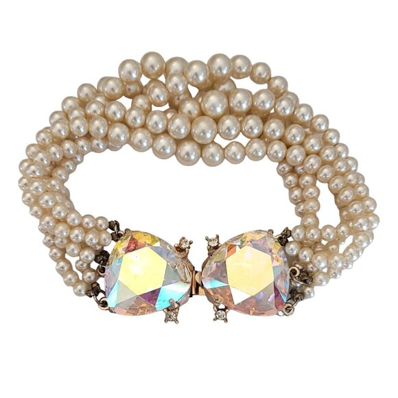 Laguna Multi Strand Faux Pearl Trillion AB Rhinestone Tongue Clasp Bracelet K349